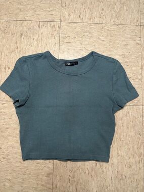 Zara Teal Short-Sleeve Crewneck Crop Top